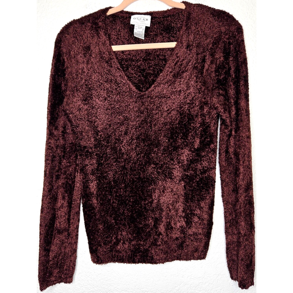 Vintage Oscar‎ De La Renta Sweater Womens Small Brown Fuzzy Cozy Grunge Y2K 90s